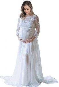 Long Sleeve V Neck White Lace Chiffon Floral Maternity Gown