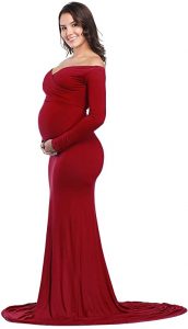 JustVH Maternity Gown Long Sleeve Cross-Front V Neck Slim Maxi